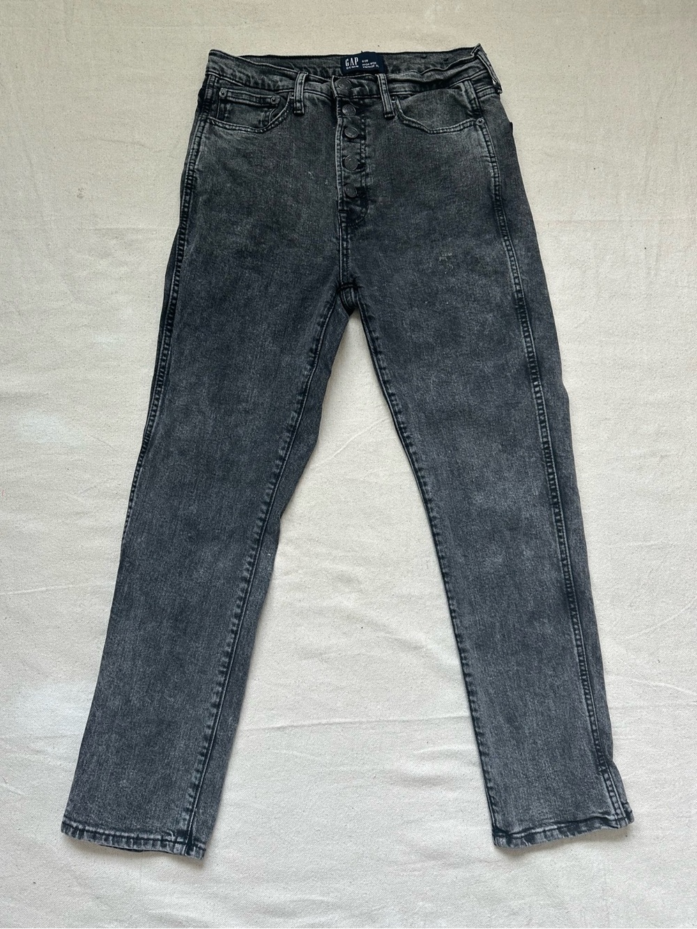 GAP High Rise Vintage Slim Button Fly Acid Wash Stone Charcoal Black Jeans 6/28